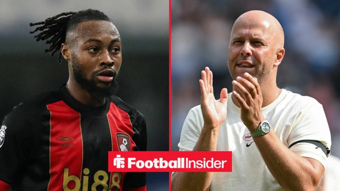 Antoine Semenyo in action for Bournemouth, with Arne Slot applauding the Liverpool fans
