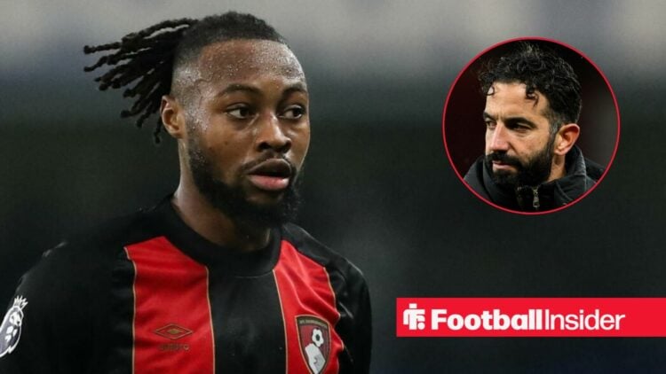 Antoine Semenyo in action for Bournemouth, with Ruben Amorim in a circular inset