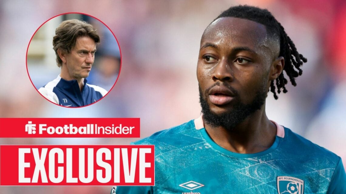 Bournemouth's Antoine Semenyo in action looking at Tottenham manager Thomas Frank left inset