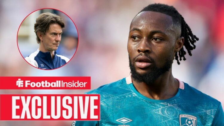 Bournemouth's Antoine Semenyo in action looking at Tottenham manager Thomas Frank left inset