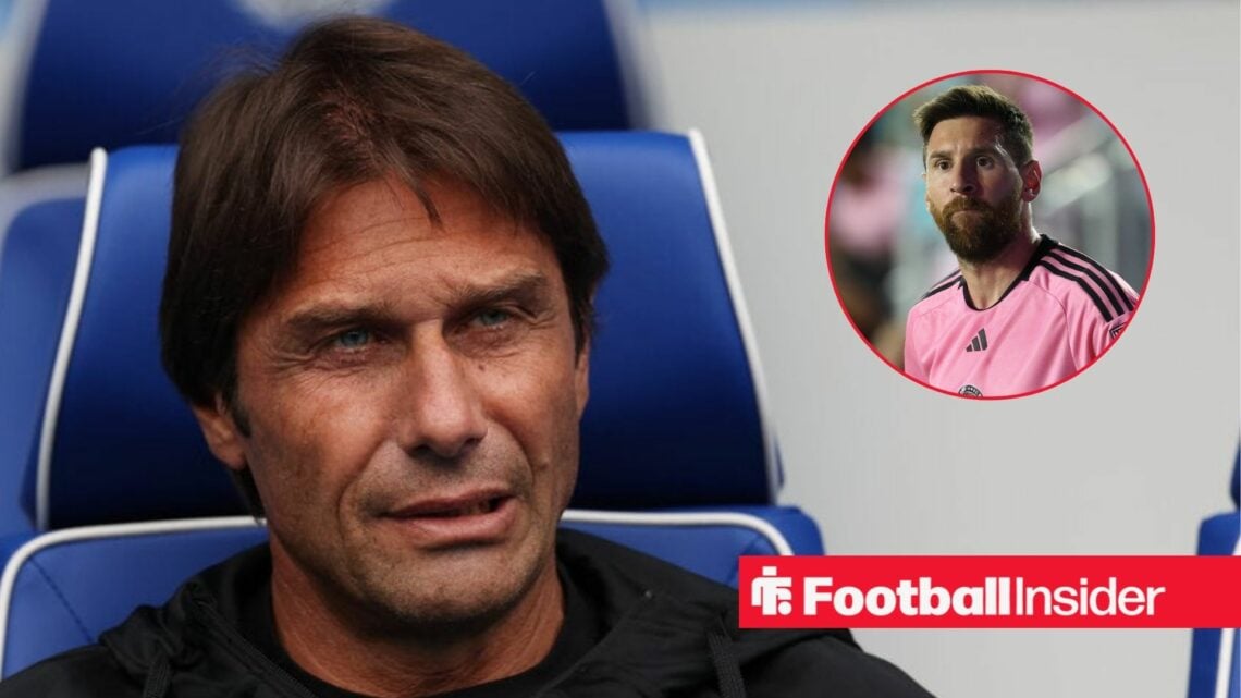 Antonio Conte in the Tottenham dugout, Lionel Messi in a circular inset