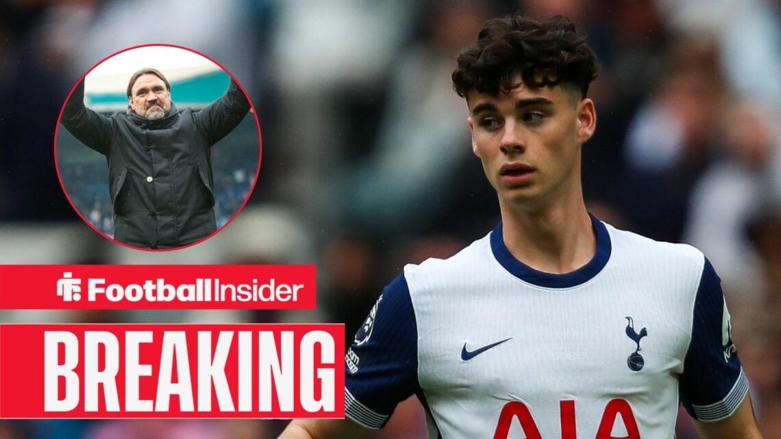 Archie Gray in a Tottenham shirt, Daniel Farke in a circular inset