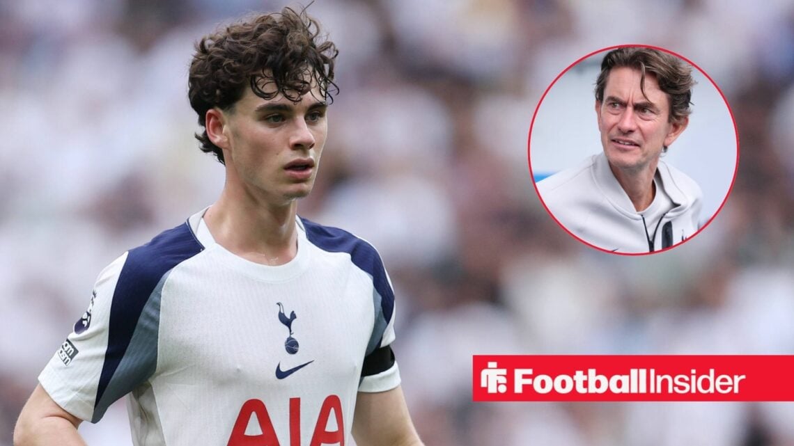 Archie Gray playing for Tottenham, Thomas Frank in a circular inset