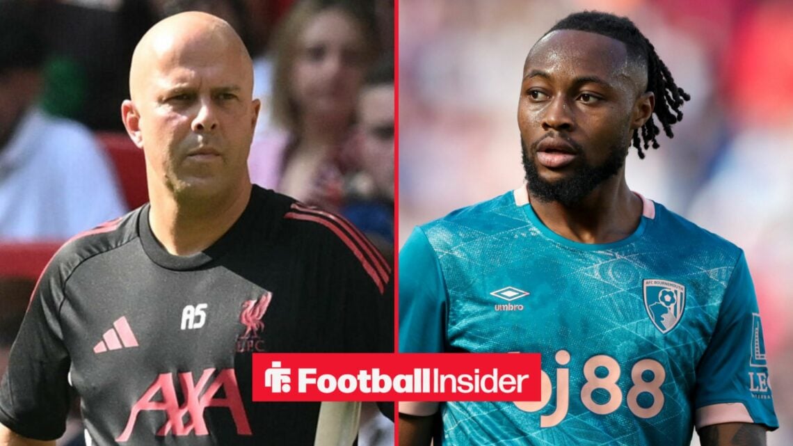 Arne Slot in a Liverpool training shirt alongside Antoine Semenyo in a Bournemouth shirt