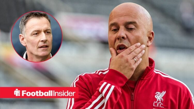 Liverpool manager Arne Slot alongside a circular inset of Chris Sutton