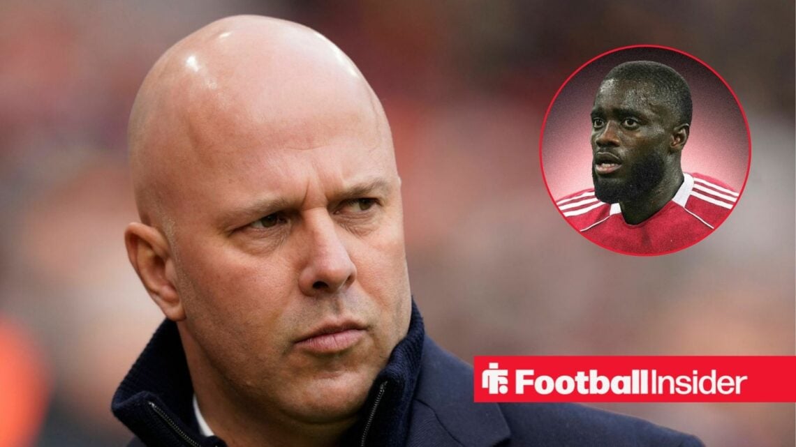 Liverpool manager Arne Slot alongside a circular inset of Dayot Upamecano in a Liverpool shirt.
