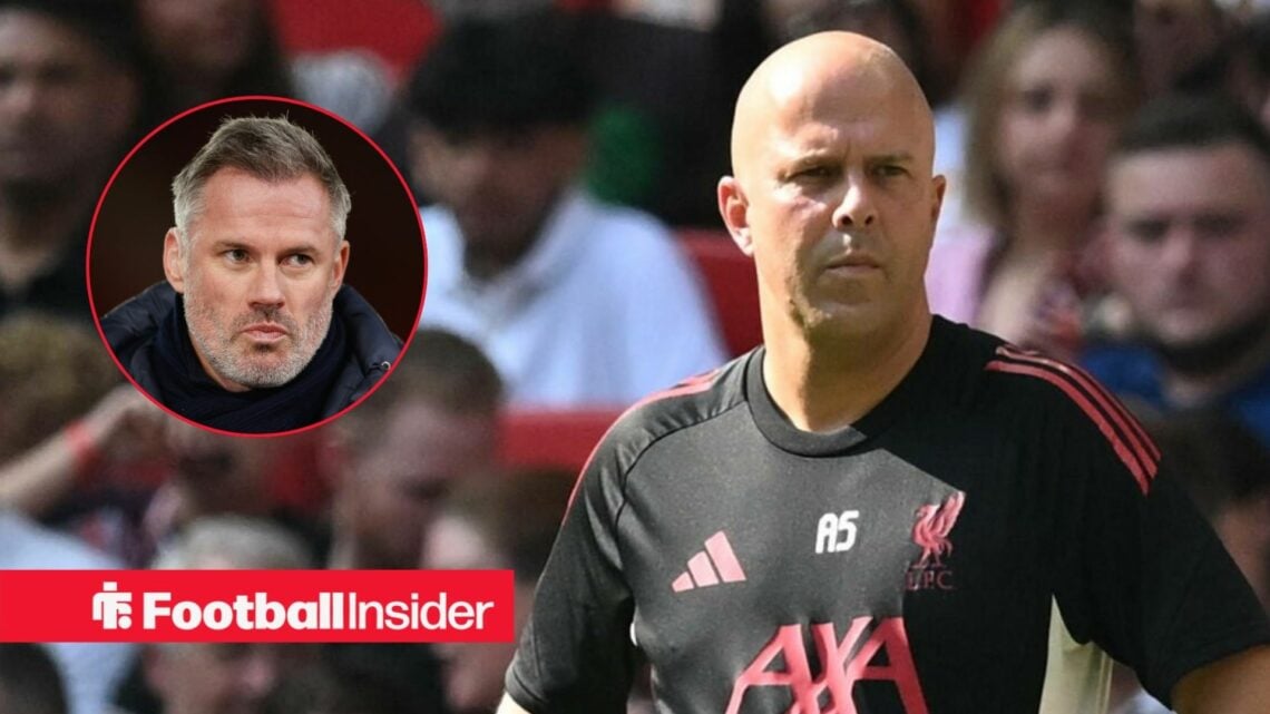 Liverpool manager Arne Slot on sidelines with pundit Jamie Carragher looking at him left inset