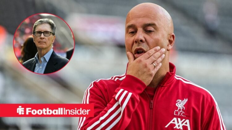 Arne Slot on the sidelines at Liverpool, with John Henry in a circular inset