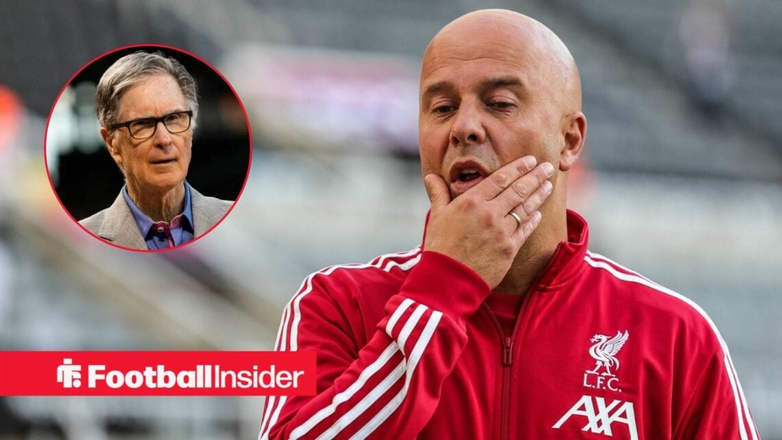 Arne Slot looking frustrated on the sidelines, with John Henry in a circular inset