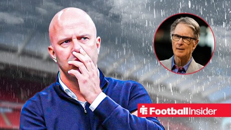 Arne Slot in the rain at Anfield, with John Henry in a circular inset