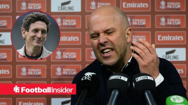 Arne Slot raging in a press conference, with Keith Andrews in a circular inset