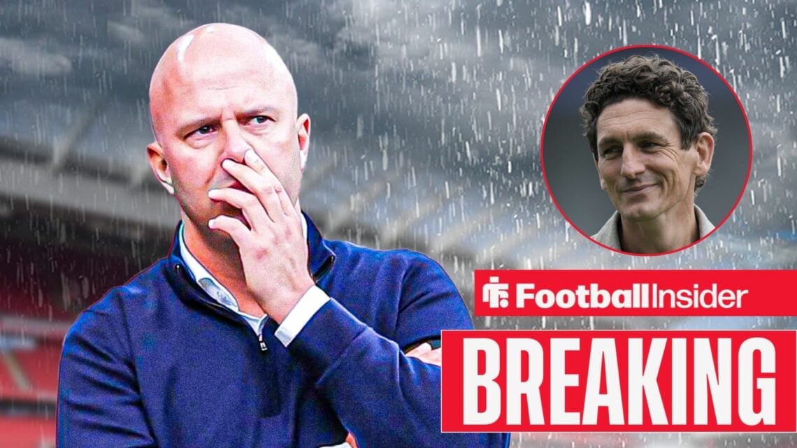 Arne Slot in the rain at Anfield, with Keith Andrews in a circular inset