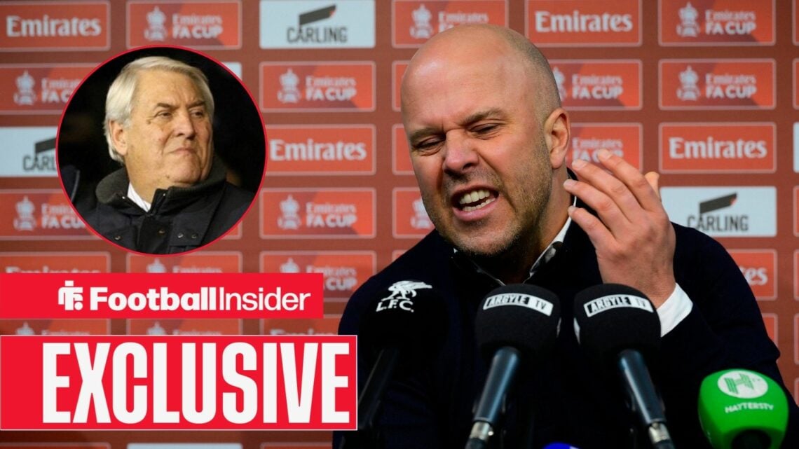 Arne Slot angry in a press conference, Keith Hackett in a circular inset