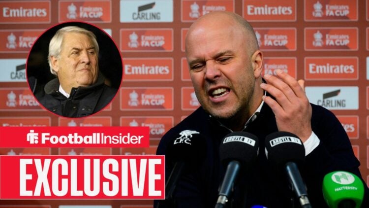 Arne Slot angry in a press conference, Keith Hackett in a circular inset