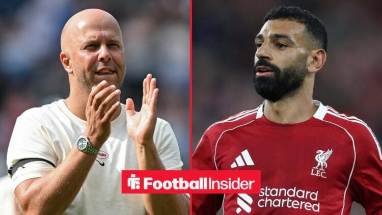 Arne Slot applauding at Anfield, with Mohamed Salah in action for Liverpool