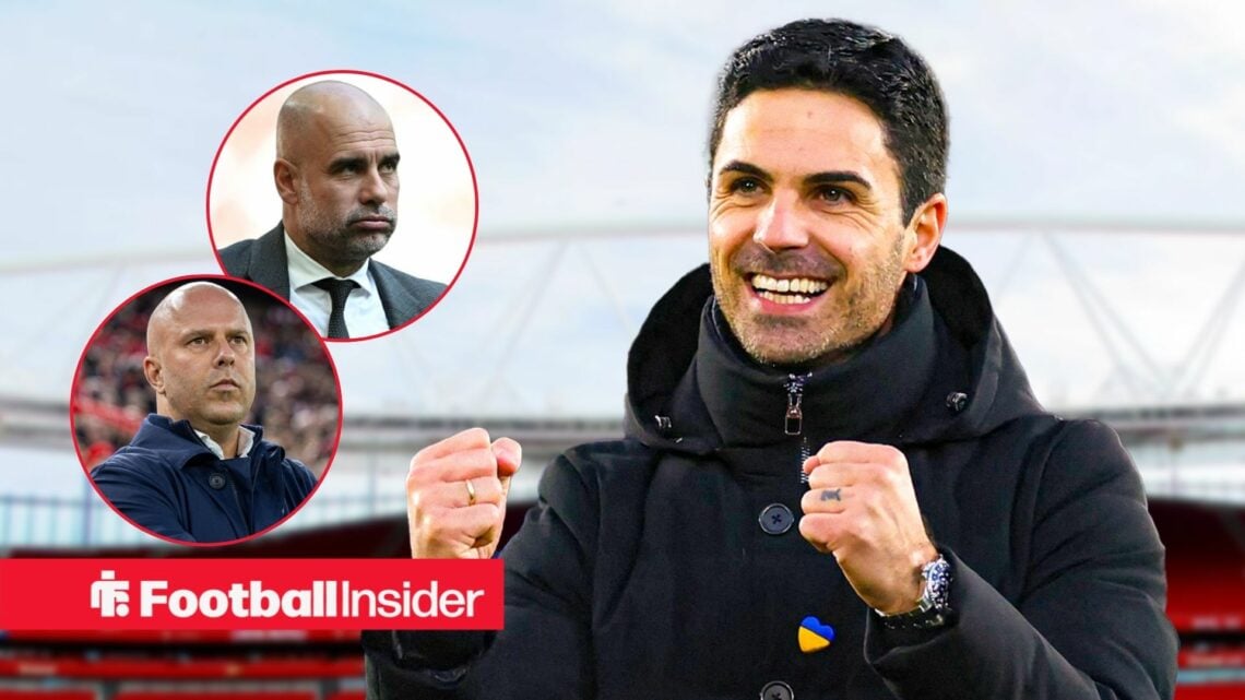 Mikel Arteta celebrating at the Emirates, with Arne Slot and Pep Guardiola in circular insets