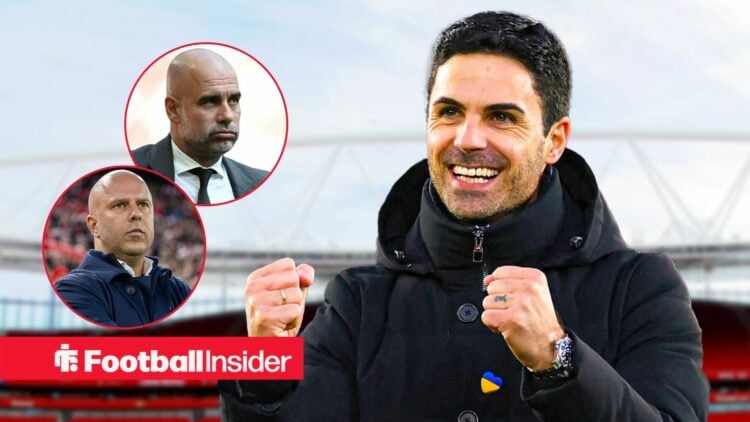 Mikel Arteta celebrating at the Emirates, with Arne Slot and Pep Guardiola in circular insets