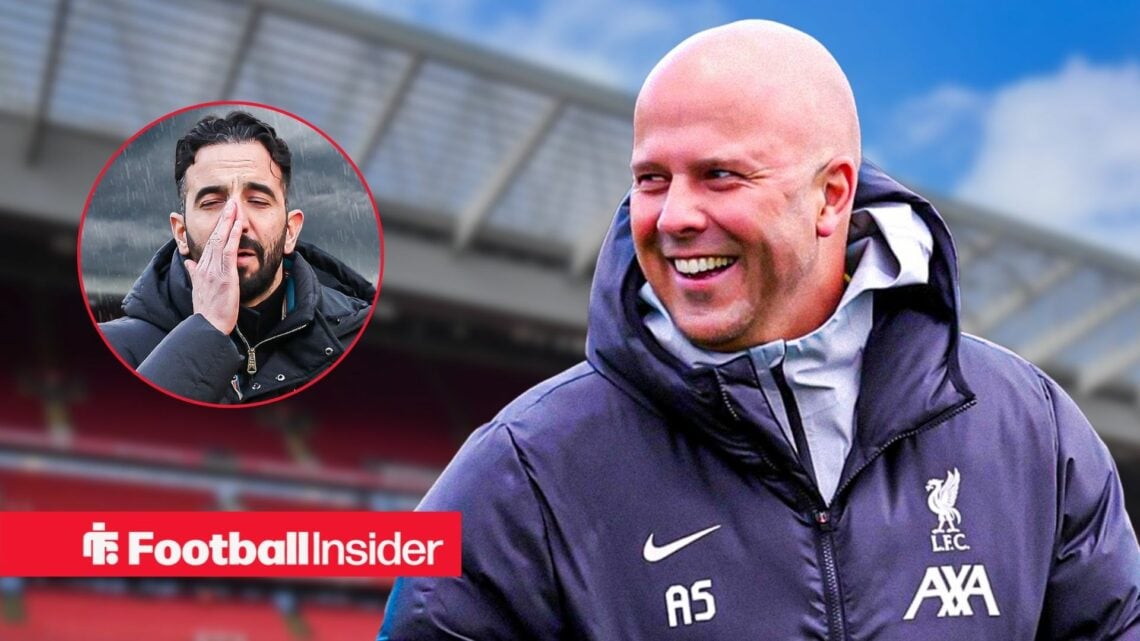 Liverpool boss Arne Slot smiling at Man United boss Ruben Amorim who looks worried