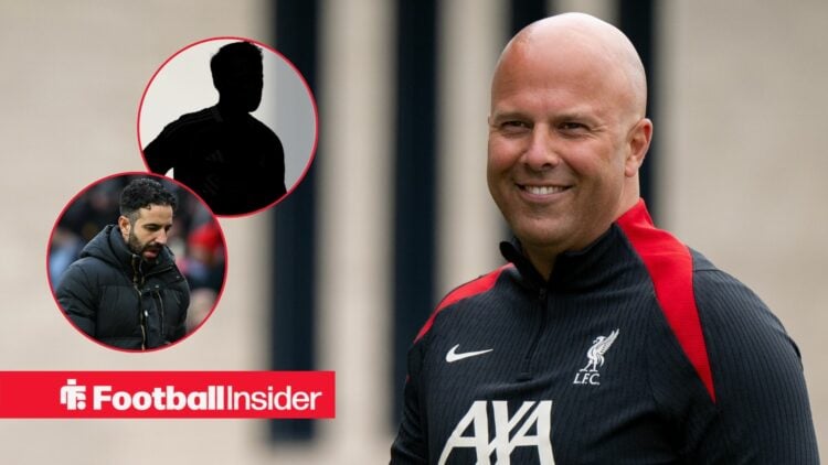 Arne Slot smiling, Ruben Amorim and Alexis Mac Allister's silhouette in circular insets