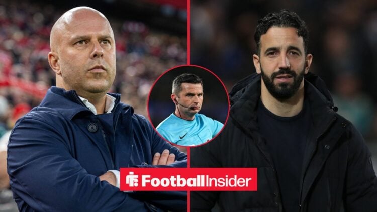 Liverpool manager Arne Slot alongside Man United manager Ruben Amorim with a circular inset of Michael Oliver in the middle.