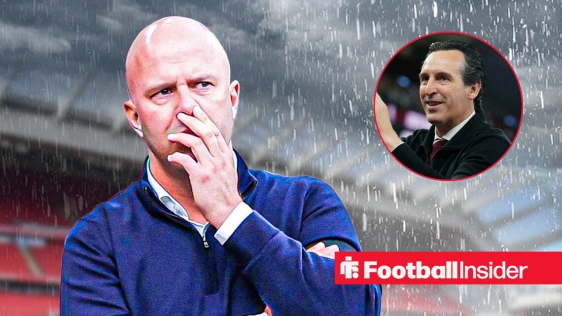 Arne Slot in the rain at Anfield, with Unai Emery in a circular inset