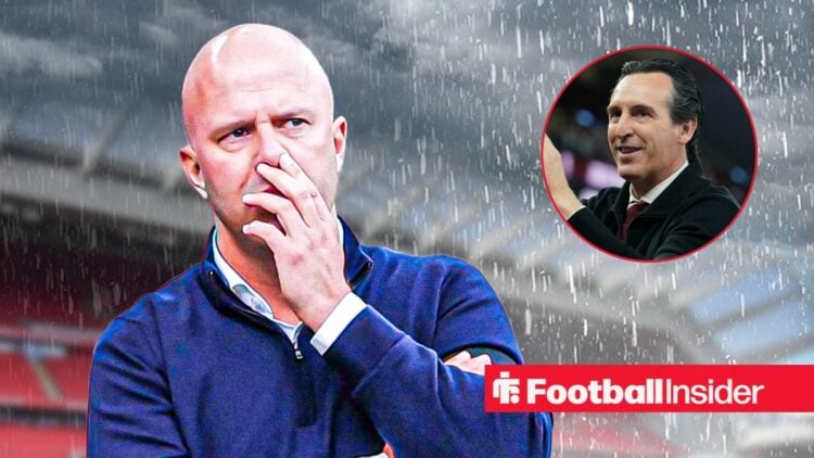 Arne Slot in the rain at Anfield, with Unai Emery in a circular inset