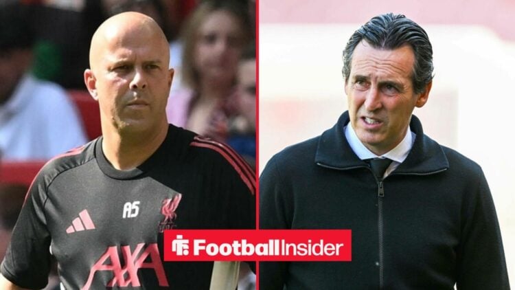 Arne Slot on the sidelines at Liverpool, with Unai Emery on the sideliens at Aston Villa