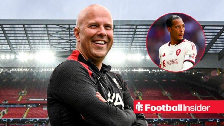 Arne Slot smiling with Virgil van Dijk included in a circular inset