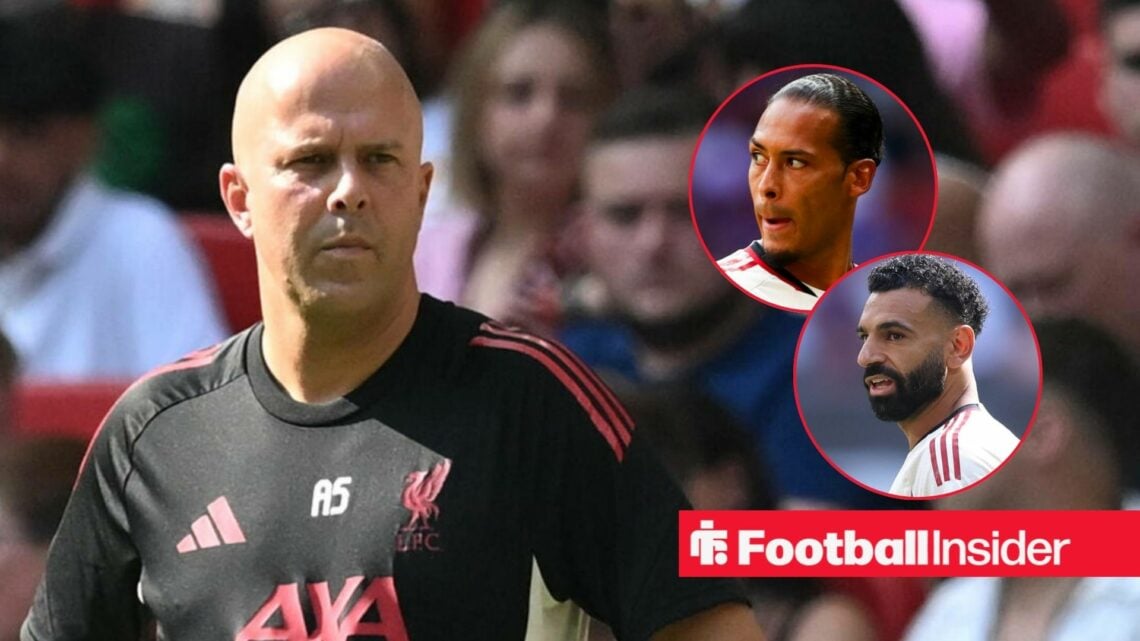 Arne Slot on the touchline, with Virgil van Dijk and Mohamed Salah in circular insets