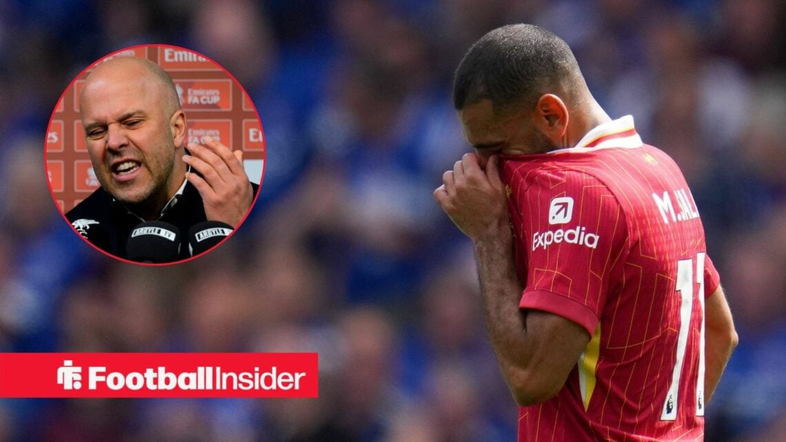 Arne Slot looking angry on the left with a disappointed Mohamed Salah on the right holding his Liverpool shirt to his face