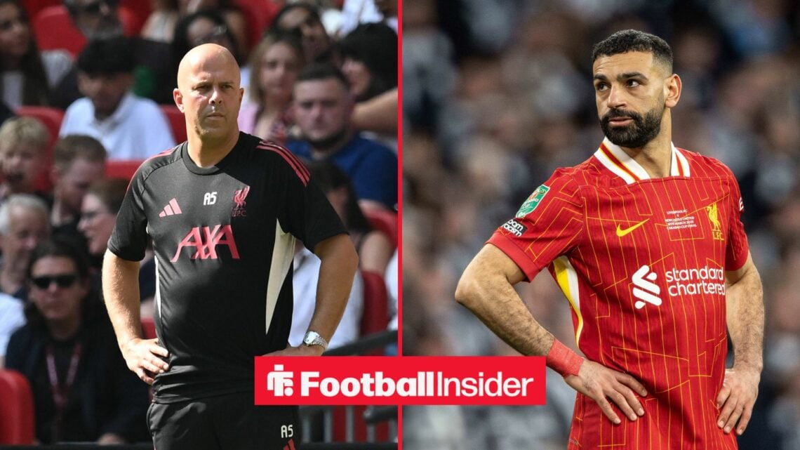 Arne Slot with his hands on his hips next to Mohamed Salah with his hands on his hips