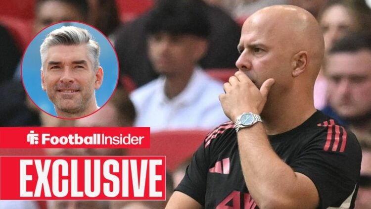 Richard Hughes on the left smiling with a focused Arne Slot on the right