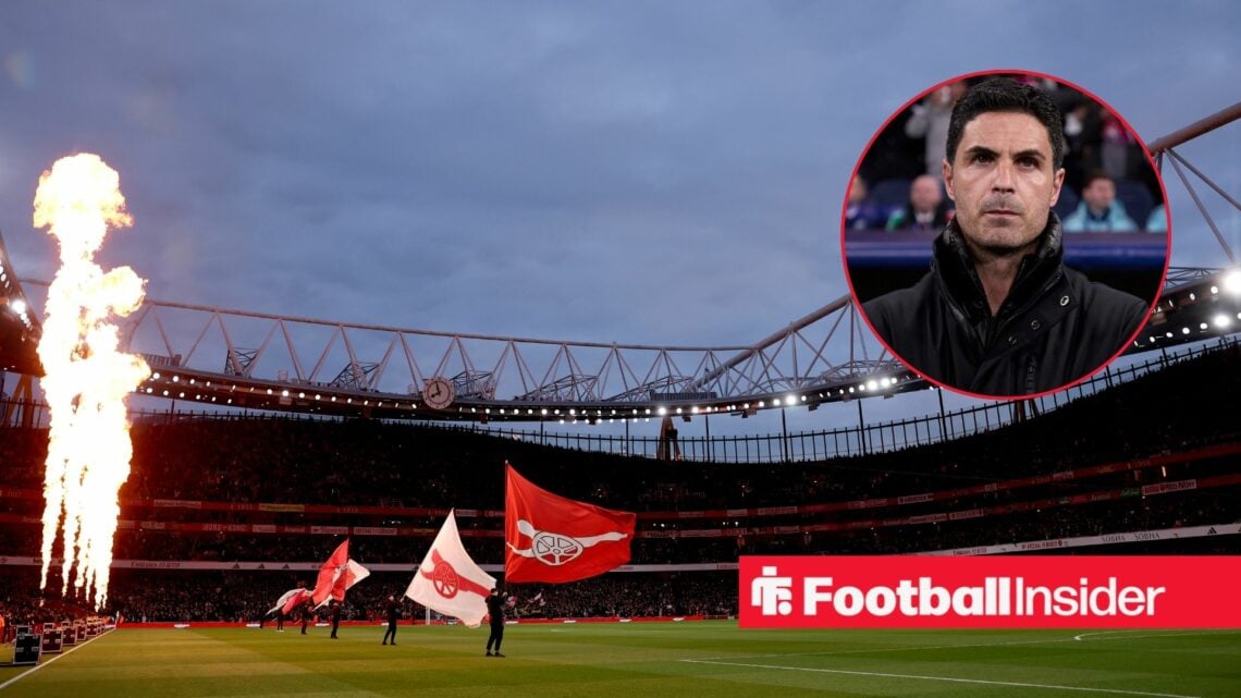A headshot of Arsenal boss Mikel Arteta within an image of the Emirates Stadium