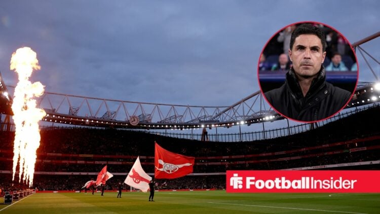 A headshot of Arsenal boss Mikel Arteta within an image of the Emirates Stadium