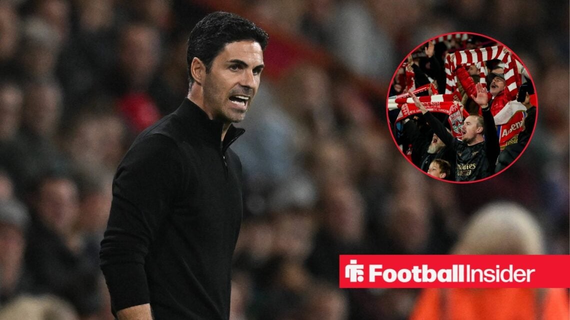 Arsenal boss Mikel Arteta with an inset of Arsenal fans