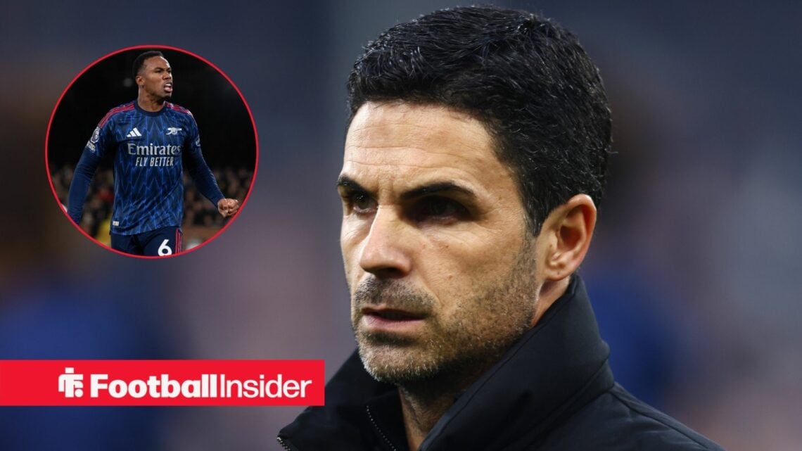 Arsenal boss Mikel Arteta with Gabriel Magalhaes inset