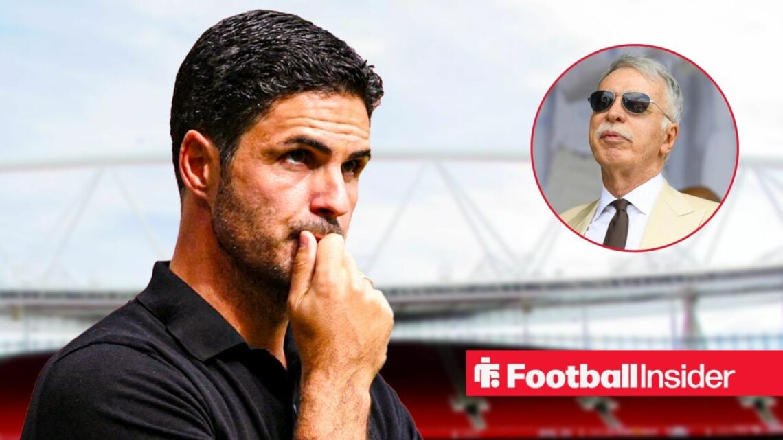 Mikel Arteta looking concerned alongside Stan Kroenke wearing sunglasses