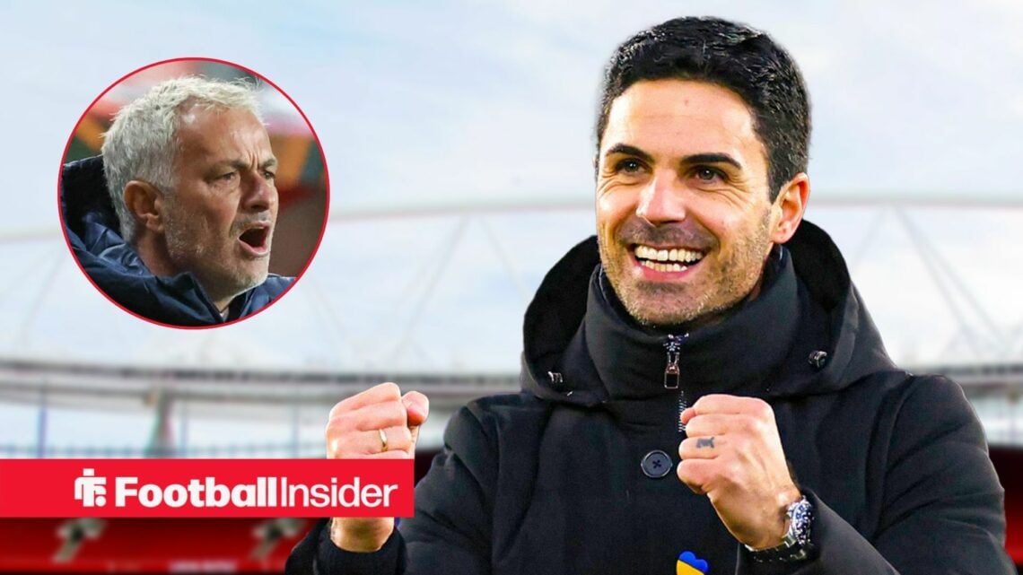 Mikel Arteta next to a circular inset of Jose Mourinho