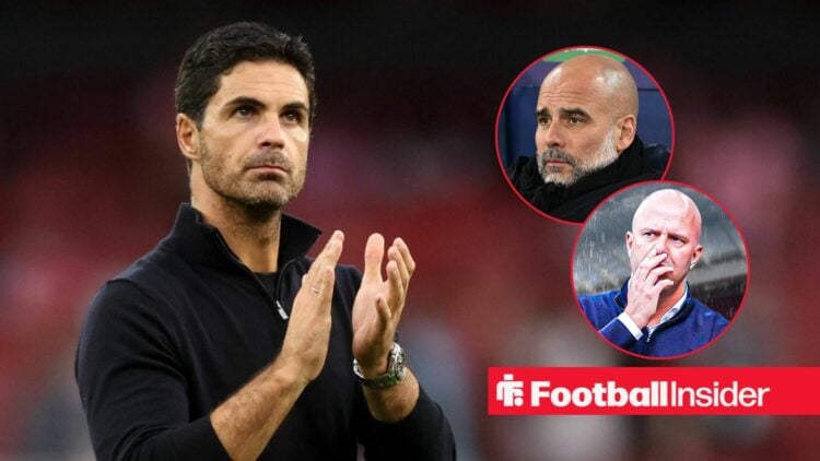 Mikel Arteta next to Pep Guardiola and Arne Slot in circular insets