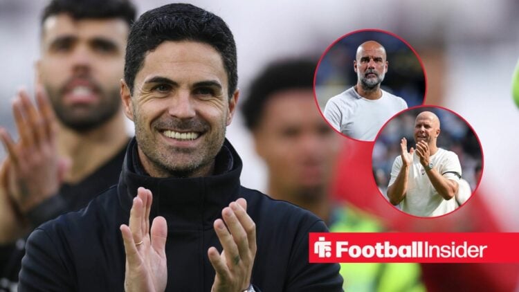 Mikel Arteta clapping with Arne Slot and Pep Guardiola insets