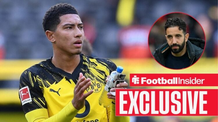 Jobe Bellingham next to a circular inset of Ruben Amorim