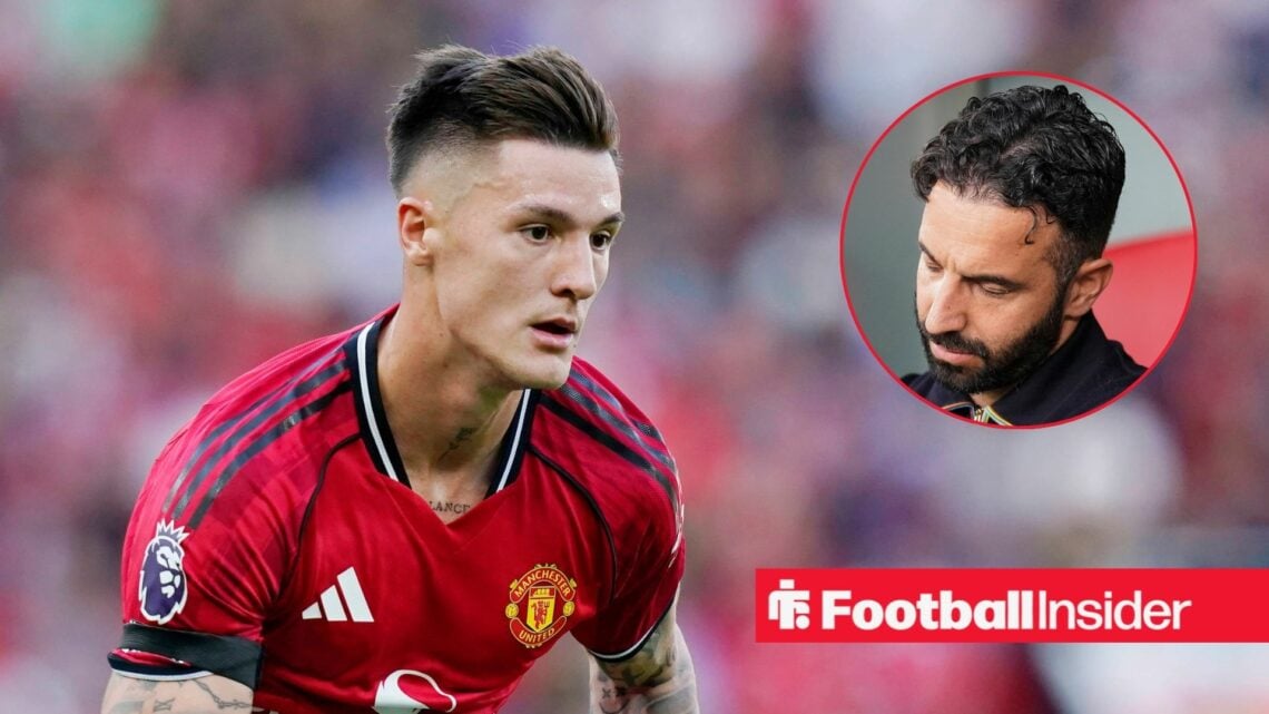 Benjamin Sesko running with intent on the left for Man United with a disappointed Ruben Amorim on the right