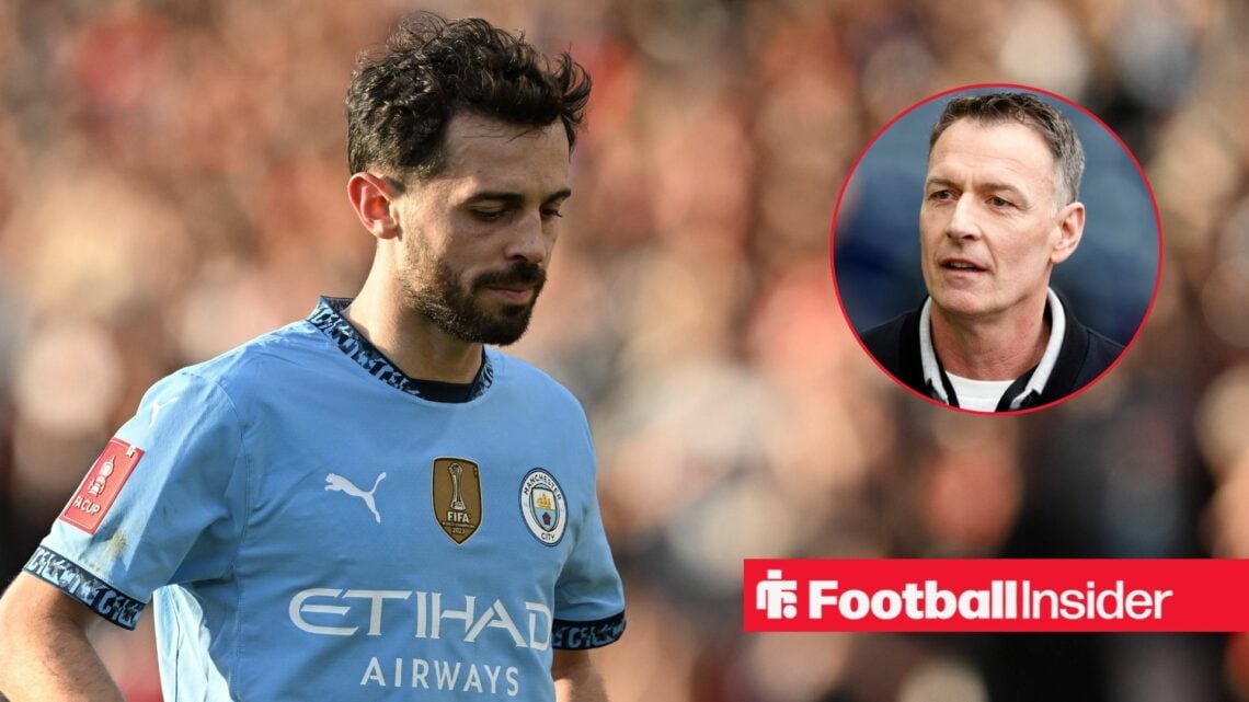 Bernardo Silva looking at the floor, Chris Sutton in a circular inset