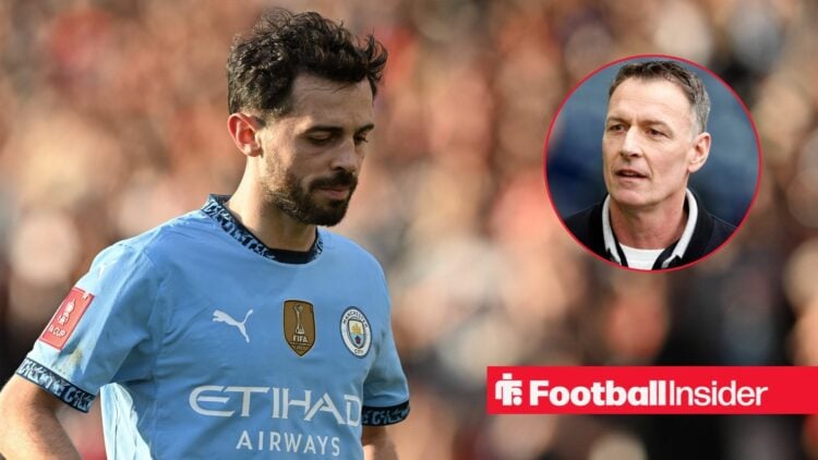 Bernardo Silva looking at the floor, Chris Sutton in a circular inset