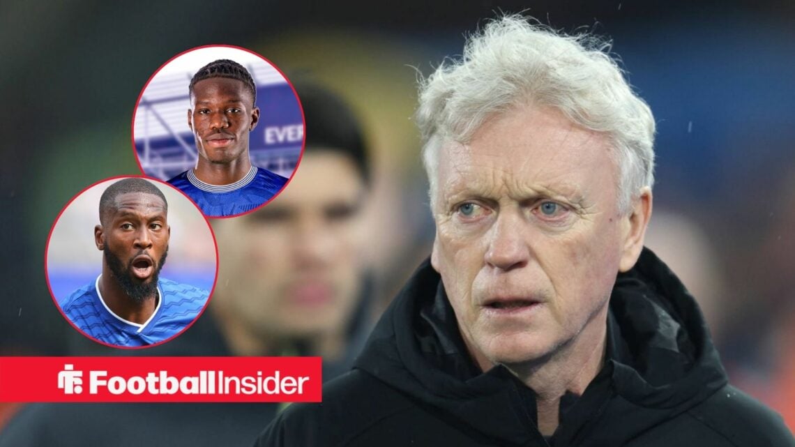 Everton boss David Moyes alongside headshots of strikers Thierno Barry and Beto