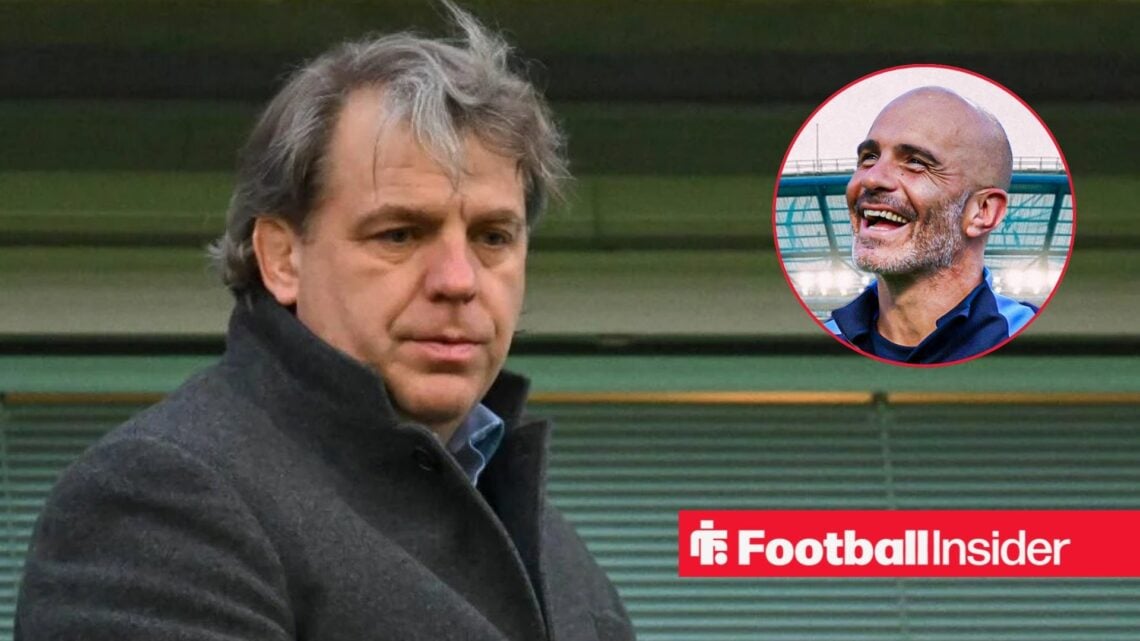 Todd Boehly next to a circular inset of Enzo Maresca