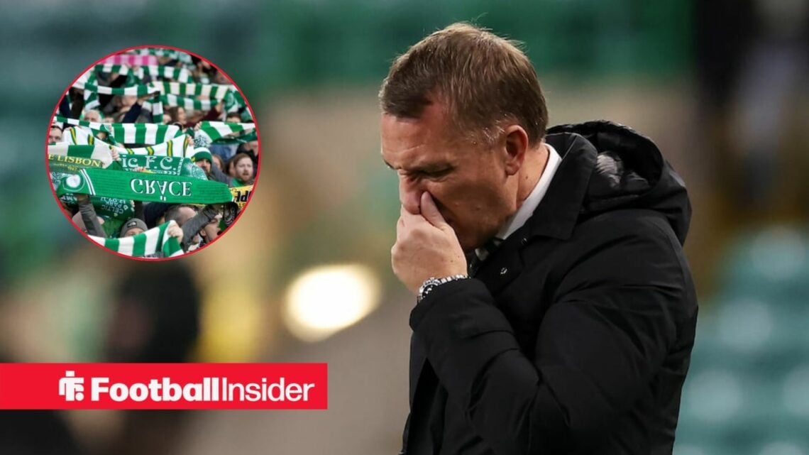 Brendan Rodgers on the sidelines at Parkhead, with Celtic fans in a circular inset