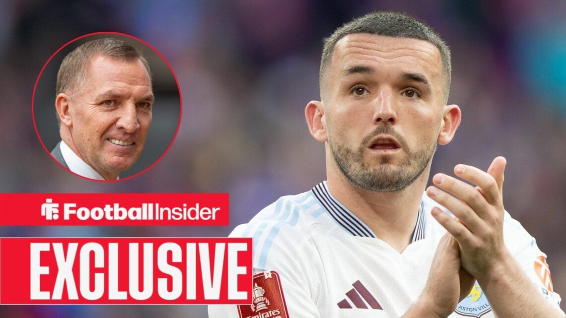 Brendan Rodgers smiling on the left with John McGinn clapping on the right