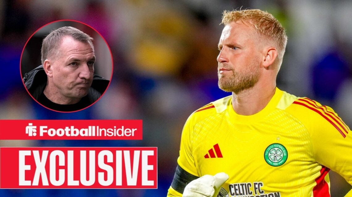 Brendan Rodgers looking serious on the left and Kasper Schmeichel on the right looking focused