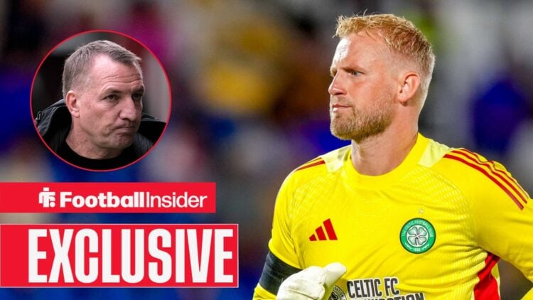 Brendan Rodgers looking serious on the left and Kasper Schmeichel on the right looking focused